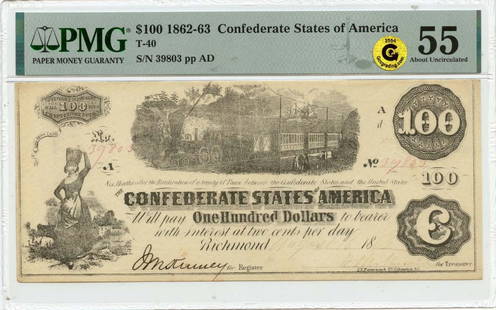 1862-63 $100 Confederate States Of America Pmg Au55 Gcc Gold: Certification: PMG Certification Number: 2202712002 Grade: AU55 Denomination: Confederate States of America Product Disclaimer: Grades are third-party opinions; authenticity is guaranteed. Photos are