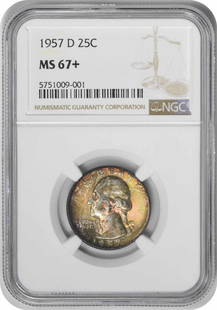 1957-D Washington Silver Quarter Ms67+ Ngc: Certification: NGC Circulated/Uncirculated: Uncirculated Year: 1957 Mint Location: Denver Km Number: 164 Denomination: 25C Composition: 90% Silver 10% Copper Grade: MS67 Coin: Washington Designer: Joh