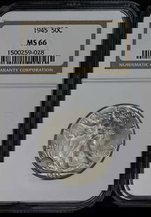 1945 Walking Liberty Half Dollar 50C Ngc Ms66: Certification: NGC Certification Number: 1500259028 Grade: MS66 Year: 1945 Circulated/Uncirculated: Uncirculated Mint Location: Philadelphia Designation: NONE Denomination Type: Walking Liberty Half D