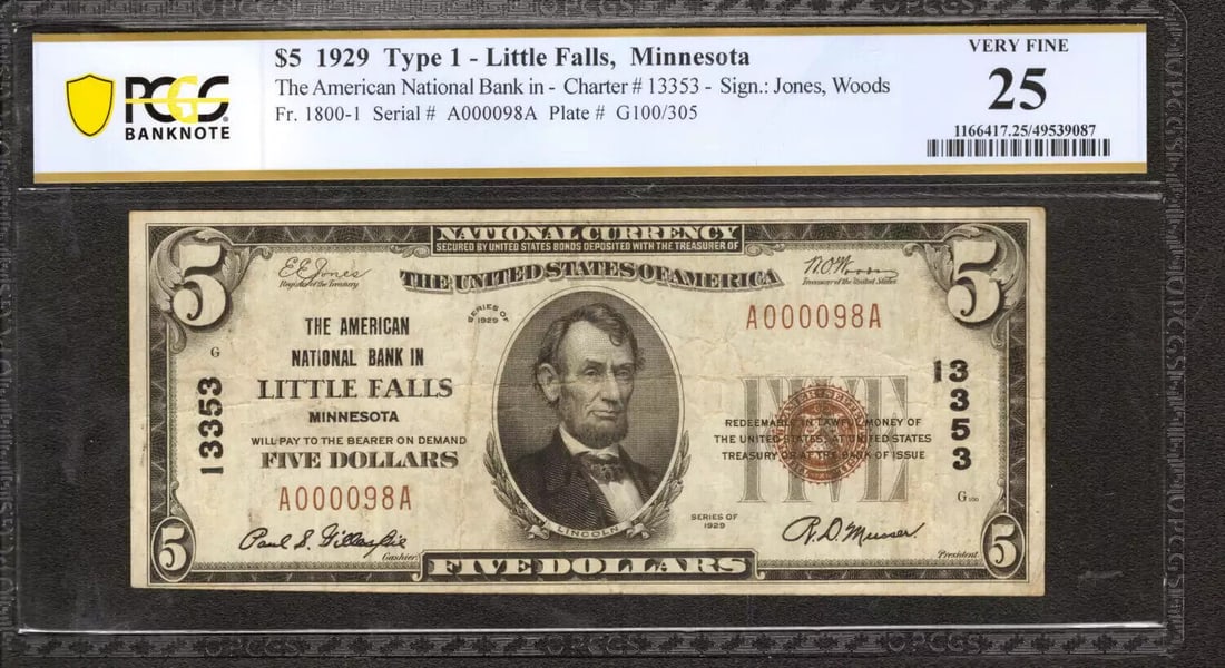 1929 $5 The American National Banknote Little Falls Minnesota Pcgs Vf 25 (098A) (1 of 2)