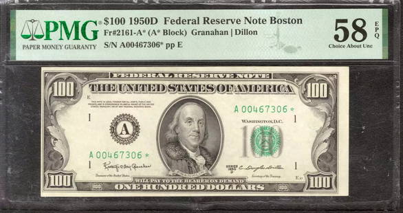 1950 D $100 Federal Reserve Star Note Boston Fr.2161-A* Pmg Ch Au 58 Epq (306*): Certification: PMG Grade Designation: EPQ/PPQ Grade: 58 EPQ Series Year: 1950D Year: 1950D Circulated/Uncirculated: Circulated Country: United States Category: Small Size $100 Federal Reserve Notes Se