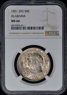 Alabama 1921 2X2 Silver Commemorative 50C Ngc Ms66: Certification: NGC Certification Number: 6815953011 Grade: MS66 Year: NONE Denomination: Alabama 2x2 50c Circulated/Uncirculated: Uncirculated Mint Location: Philadelphia Designation: NONE Grade Add O