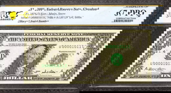 2001 $1 Federal Reserve Note Fr.1926D Binary Serial #1011 Pcgs Gem 67 Ppq (011C): Certification: PCGS Grade Designation: EPQ/PPQ Grade: 67 PPQ Series Year: 2001 Year: 2001 Circulated/Uncirculated: Circulated Country: United States Category: Small Size $1 Federal Reserve Notes Seria