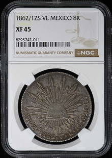 1862/1Zs Vl Zacatecas Mexico Silver 8R Reales Ngc Xf45: Circulated/Uncirculated: Circulated Year: 1862 Certification: NGC Certification Number: 8295742011 Grade: XF45 Product Disclaimer: Grades are third-party opinions; authenticity is guaranteed. Photos a