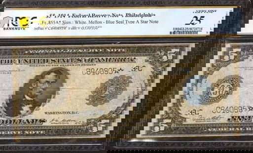 1914 $5 Federal Reserve Star Note Fr.855A* Philadelphia Pcgs 25 Very Fine (895*): Certification: PCGS Grade: 25 Series Year: 1914 Year: 1914 Circulated/Uncirculated: Circulated Country: United States Category: Federal Reserve Notes Serial No. : C840895* Certification Number: 467247