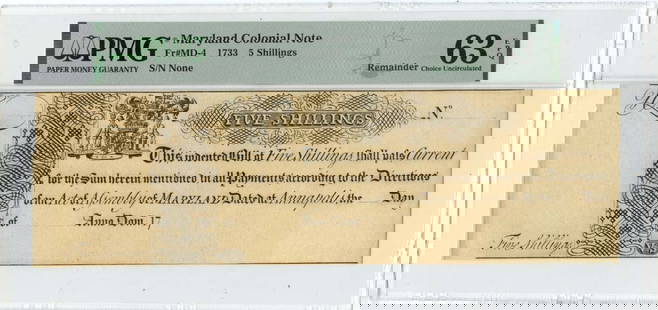 1733 5 Shillings Maryland Colonial Note Pmg Cu63 Epq Md4: Certification: PMG Certification Number: 2202711018 Grade: MS63 Denomination: Colonial Currency Product Disclaimer: Grades are third-party opinions; authenticity is guaranteed. Photos are part of the