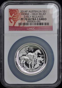 2014P Australia Horse - High Relief S$1 Ngc Pr70Dcam: Circulated/Uncirculated: Uncirculated Year: 2014 Certification: NGC Certification Number: 3800836045 Grade: PR70 Product Disclaimer: Grades are third-party opinions; authenticity is guaranteed. Photos