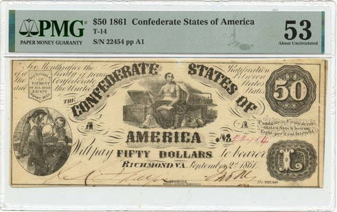 1861 $50 Confederate States Of America T-14 Pmg 53: Certification: PMG Certification Number: 2202718038 Grade: AU53 Circulated/Uncirculated: Circulated Denomination: Confederate Note Type: T-14 Product Disclaimer: Grades are third-party opinions; authe