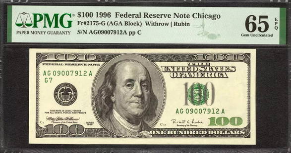 1996 $100 Federal Reserve Note Fr.2175-G Chicago Aga Block Pmg Unc 65 Epq (912A): Certification: PMG Grade: 65 Series Year: 1996 Year: 1996 Circulated/Uncirculated: Circulated Country: United States Category: Small Size $100 Federal Reserve Notes Serial No. : AG09007912A Certificat