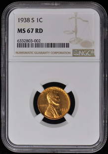 1938-S Wheat Reverse Lincoln Cent 1C Ngc Ms67Rd: Certification: NGC Certification Number: 6332803002 Grade: MS67 Year: 1938 Circulated/Uncirculated: Uncirculated Mint Location: San Francisco Designation: RD Denomination Type: Lincoln Cent Grade Add
