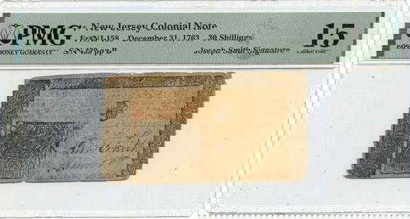 1763 December 31 30 Shillings New Jersey Colonial Note Pmg Choice Fine 15 Nj-158: Certification: PMG Certification Number: 2202712019 Grade: F15 Denomination: Colonial Currency Product Disclaimer: Grades are third-party opinions; authenticity is guaranteed. Photos are part of the d