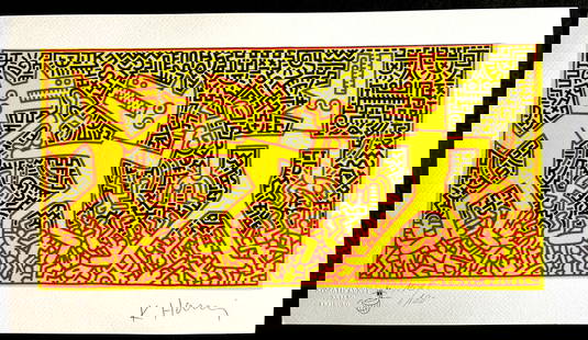 Keith Haring Lithograph Coa Signed By Hand Numbered Crayon Stamp: Keith Haring Lithograph COA Signed By Hand Numbered Crayon Stamp Keith Haring " without title " Chromolithography printed in 1989 in 180 specimens by Atlantis Verlag, Freiburg 26 x 46 cm Keith Haring