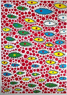 Yayoi Kusama, Eyes, Lithograph Mori Museum Coa Numbered In Pencil: Yayoi Kusama, Eyes, Lithograph Mori Museum COA Numbered In Pencil Yayoi Kusama " Flying eyes in the sky " The Lithograph was printed in 2011 by the Mori Art Museum in 200 numbered copies by hand. The