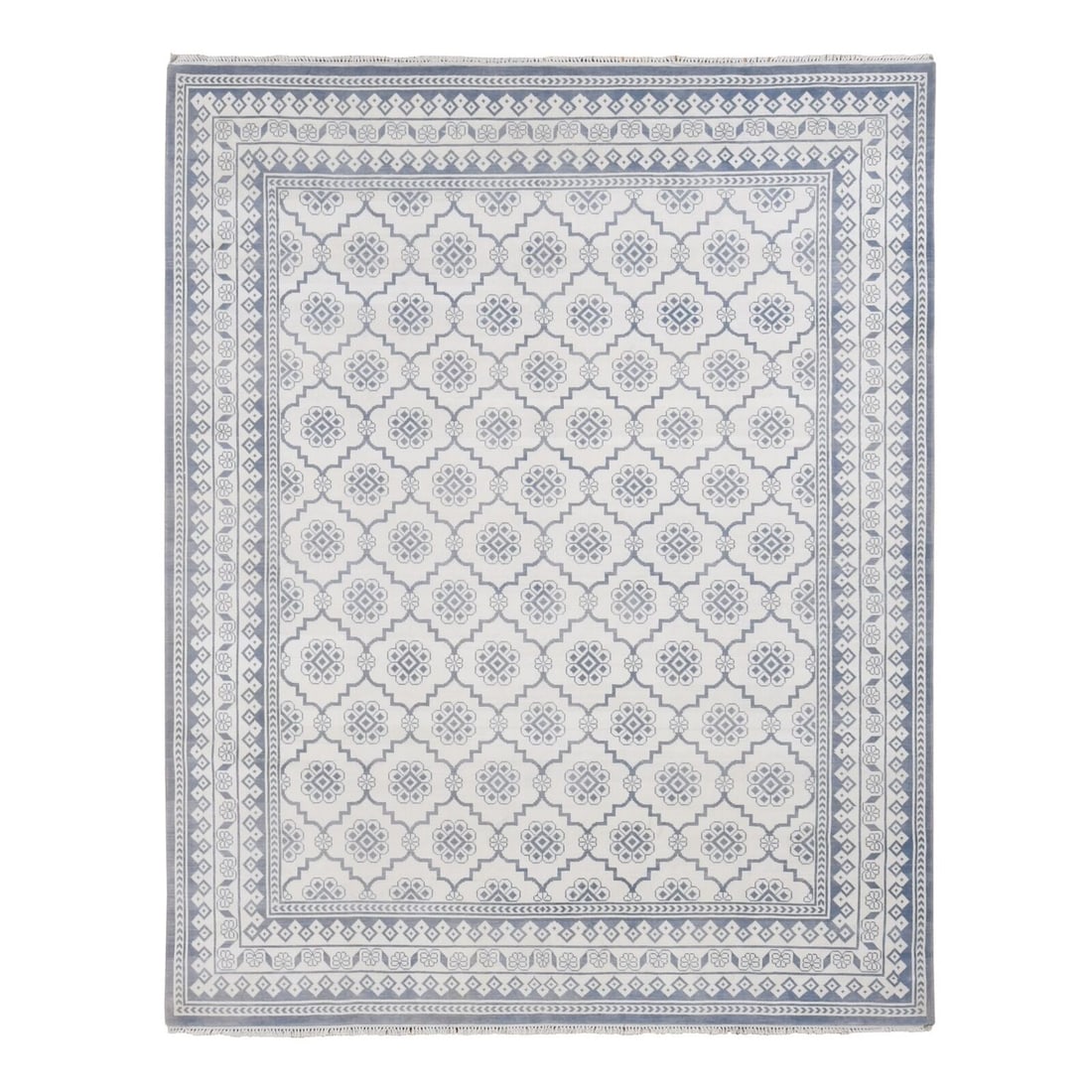 8'1"X10'2" Ivory Agra Mughal Dynasty Design Cotton Hand Knotted Rug: Style: Modern Type: Indoor Material: Cotton Color: Ivory Item Length: 122 Item Width: 97 Rug Type: Hand Knotted Pile: Cotton Shape: Rectangular Field Color: Ivory Size: 8"1" x 10"2" / 246 CM X 310 CM