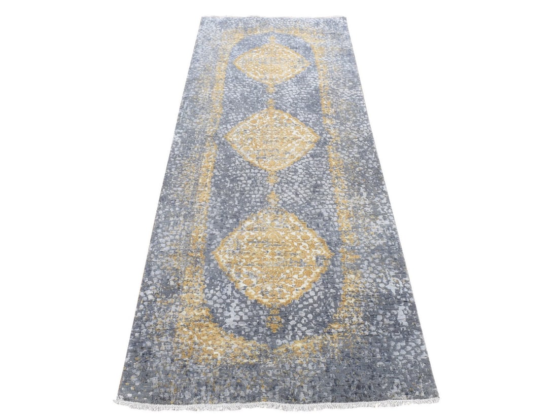 3'2"X10' Gray Zoroastrian Design Wool And Silk Hand Knotted Runner Rug: Style: Zoroastrian Type: Indoor Material: Wool Color: Grey Item Length: 120 Item Width: 38 Rug Type: Hand Knotted Pile: Wool & Silk Shape: Runner Field Color: Grey Size: 3"2" x 10"0" / 97 CM X 305 CM