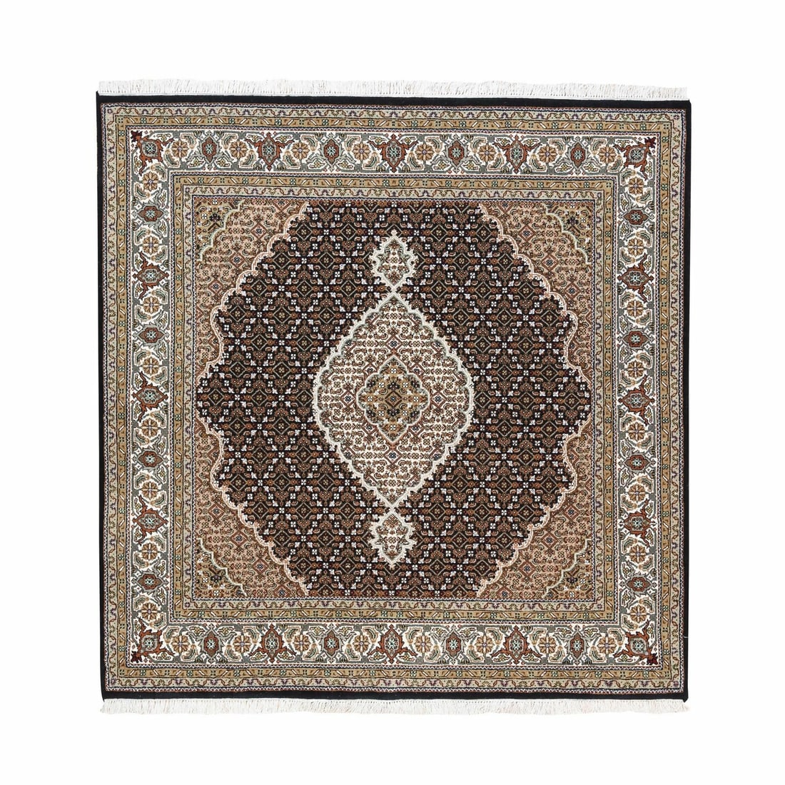 6'1"X6'1" Black Tebraz Mahi Fish Design Hand Knotted Wool-Silk Rug Square: Type: Indoor Material: Wool & Silk Color: Black Item Length: 73 Item Width: 72 Style: Oriental Rug Type: Hand Knotted Pile: Wool & Silk Shape: Square Field Color: Black Size: 6"0" x 6"1" Age: 2000-Now