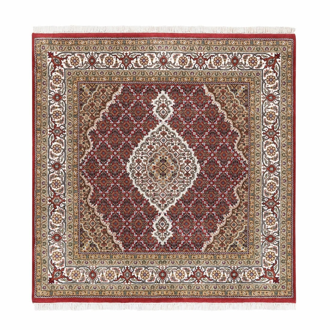 5'X5' Red Hand Knotted Tebraz Mahi Fish Design Wool-Silk Square Rug: Type: Indoor Material: Wool & Silk Color: Red Item Length: 60 Item Width: 60 Style: Oriental Rug Type: Hand Knotted Pile: Wool & Silk Shape: Square Field Color: Red Size: 5"0" x 5"0" Age: 2000-Now Pat