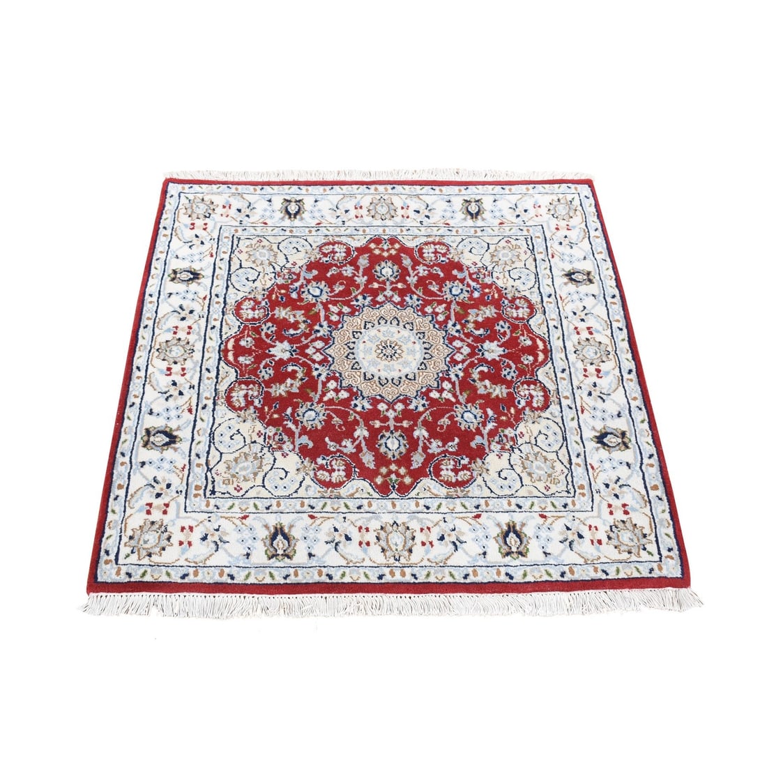 3'2"X3'2" Red Nain Flower Design 250 Kpsi Wool Hand Knotted Square Rug: Type: Indoor Material: Wool Color: Red Item Length: 38 Item Width: 37 Style: Nain Rug Type: Hand Knotted Pile: Wool Shape: Square Field Color: Red Size: 3"1" x 3"2" / 94 CM X 97 CM Age: 2000-Now Patte
