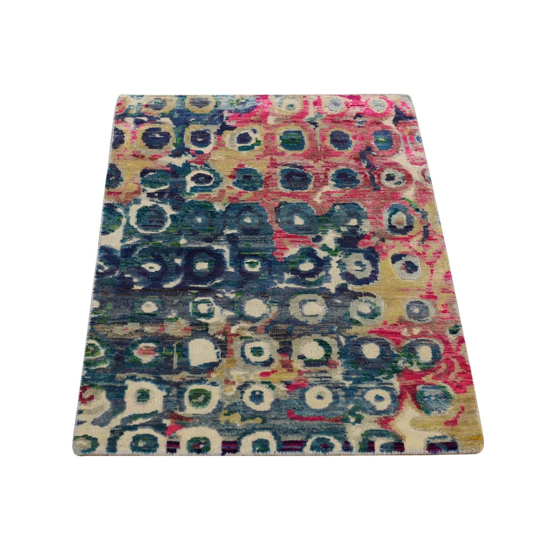 2'X3'2" The Peacock, Sari Silk, Colorful, Hand Knotted, Mat, Oriental Rug: Style: modern Type: Indoor Material: Wool Color: Blue Item Length: 38 Item Width: 24 Rug Type: Hand Knotted Pile: Sari Silk Shape: Rectangular Field Color: Blue Size: 2"0" x 3"2" / 61 CM X 97 CM Age: