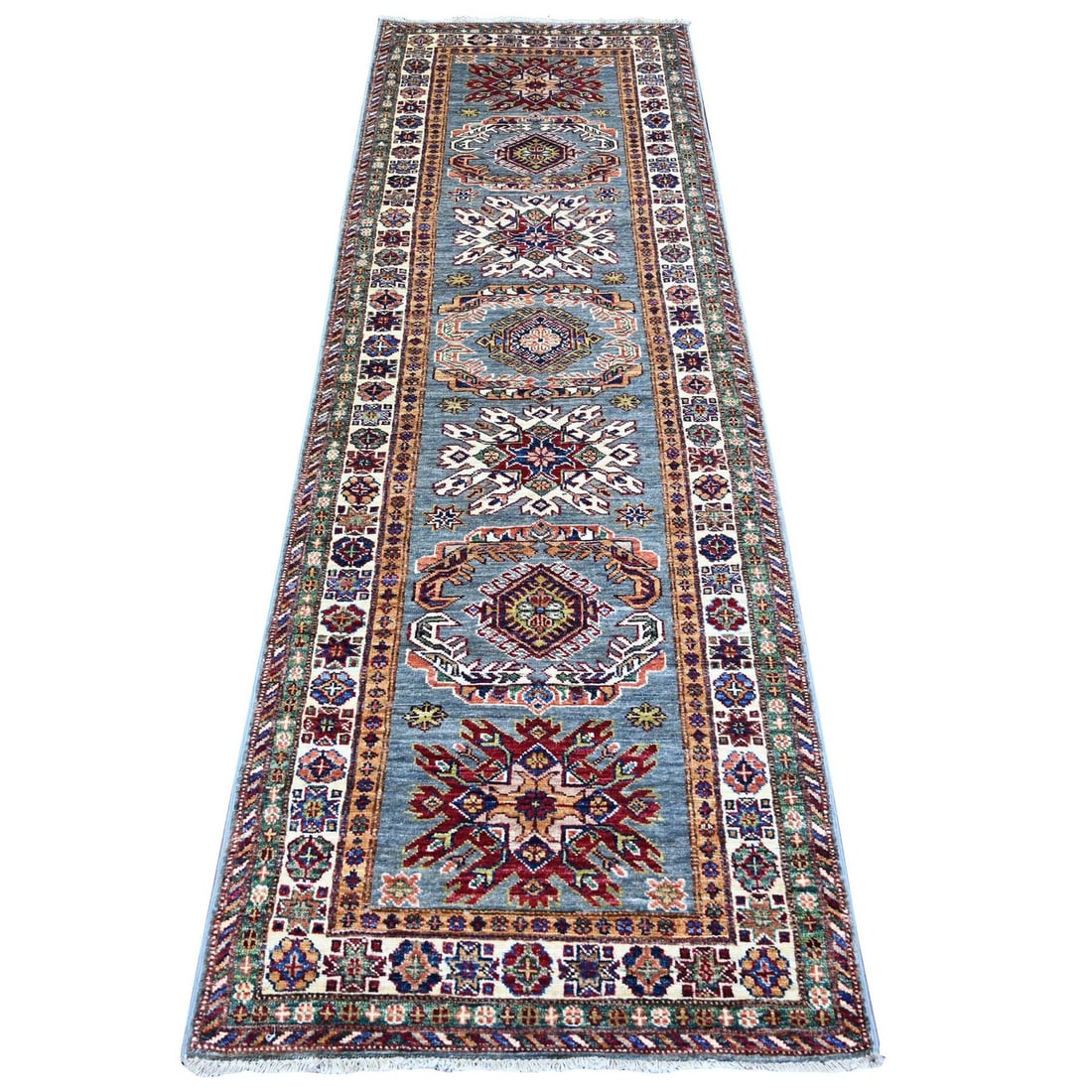 2'7"X8'2" Oxford Gray Afghan Super Kazak Wool Hand Knotted Runner Rug (1 of 6)