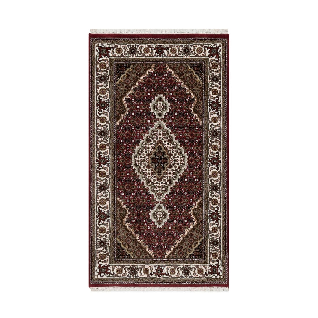 2'10"X5'2" Scarlet Red Tebraz Mahi With Fish Design Wool Hand Knotted Rug: Style: Tebraz Mahi Type: Indoor Material: Wool Color: Red Item Length: 62 Item Width: 34 Rug Type: Hand Knotted Pile: Wool Shape: Rectangular Field Color: Red Size: 2"10" x 5"2" / 86 CM X 157 CM Age: