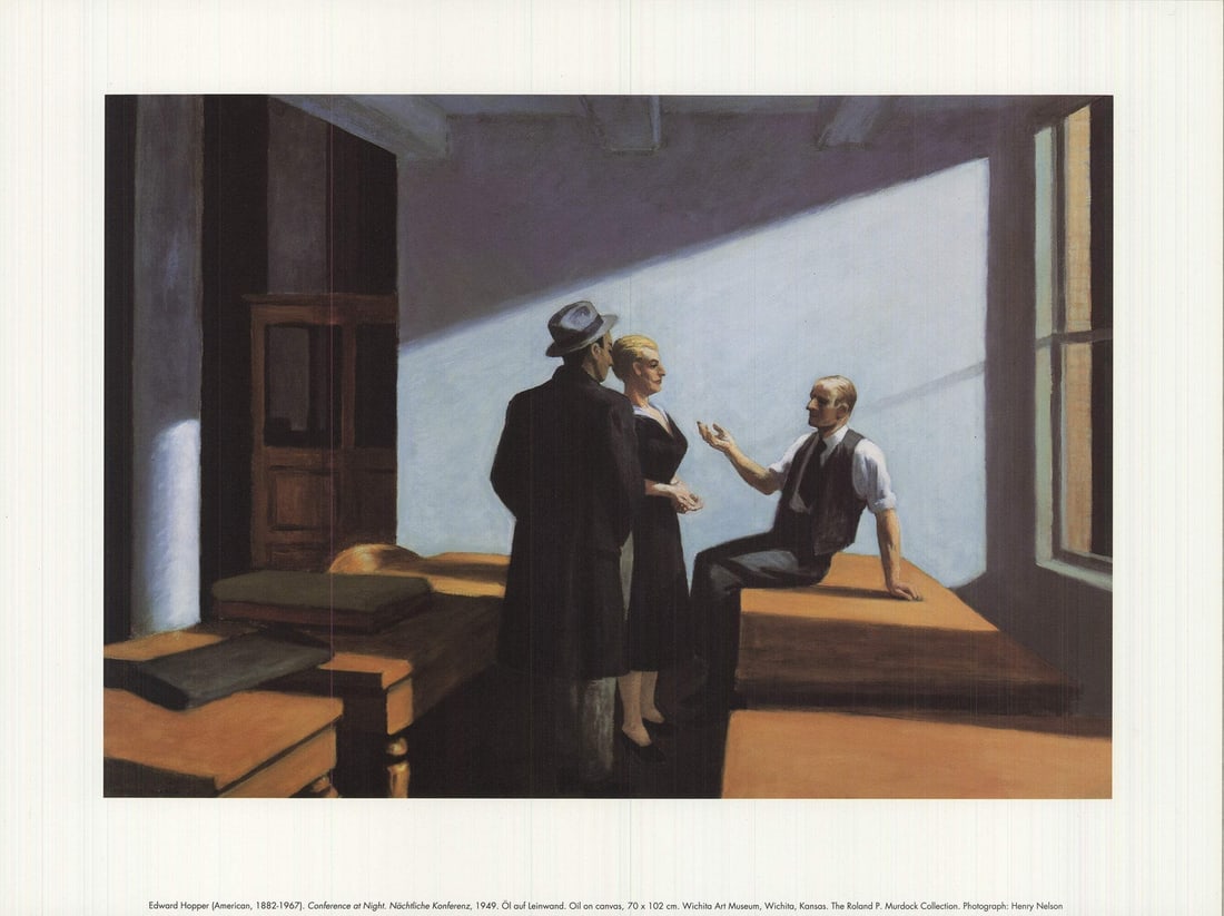 Edward Hopper Conference At Night " Offset Lithograph Realism: Artist: Edward Hopper Title: Conference at Night Year: 1993 Signed: No Medium: Offset Lithograph Paper Size: 12 x 15.75 inches ( 30 x 40 cm ) Image Size: 9 x 13 inches ( 23 x 33 cm ) Edition Size: Unk