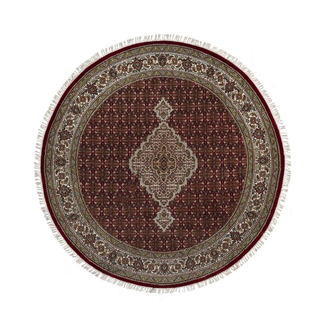 6'X6' Red Tebraz Mahi With Fish Design Pure Wool Hand Knotted Round Rug: Style: Tebraz Mahi Type: Indoor Material: Wool Color: Red Item Length: 72 Item Width: 72 Rug Type: Hand Knotted Pile: Wool Shape: Round Field Color: Red Size: 6"0" x 6"0" / 183 CM X 183 CM Age: 2000-N