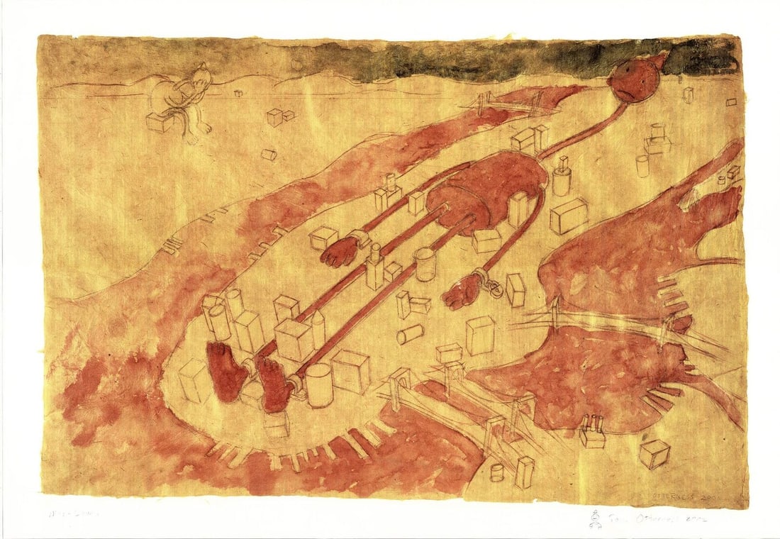 Tom Otterness Nine-Eleven Signed " Offset Lithograph: Artist: Tom Otterness Title: Nine-Eleven Year: 2001 Signed: Yes Medium: Offset Lithograph Paper Size: 24 x 34.75 inches ( 61 x 88 cm ) Image Size: 20.75 x 31.5 inches ( 53 x 80 cm ) Edition Size: Unkn