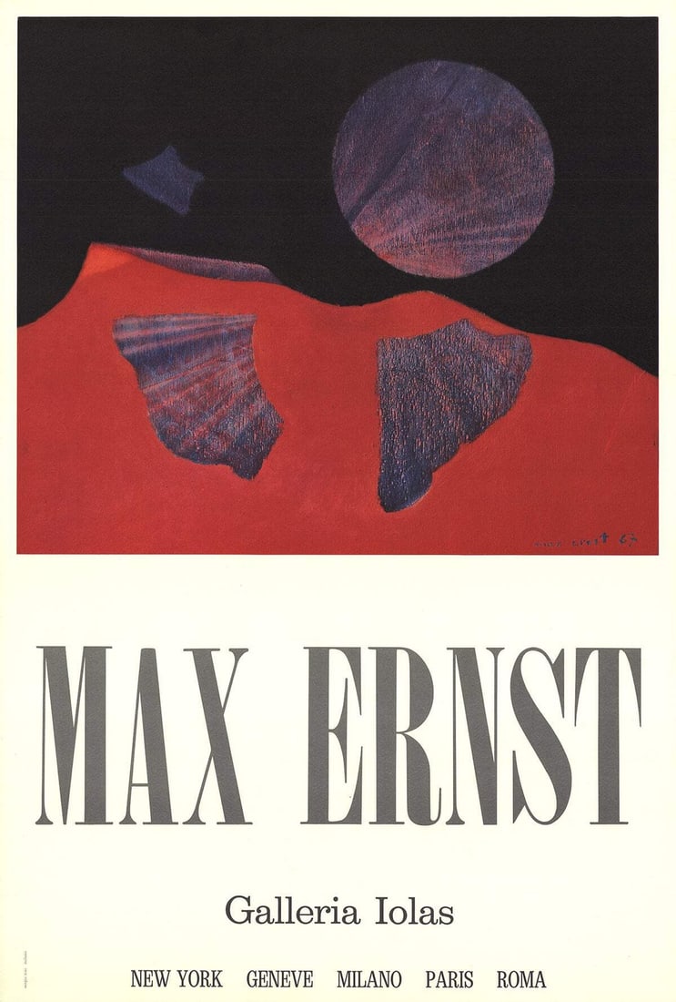 Max Ernst Galleria Iolas " Poster Surrealism Red, Purple, Black &: Artist: Max Ernst Title: Galleria Iolas Year: 1972 Signed: No Medium: Offset Lithograph Paper Size: 31.5 x 21 inches ( 80 x 53 cm ) Image Size: 17 x 20 inches ( 43 x 51 cm ) Edition Size: Unknown Fram