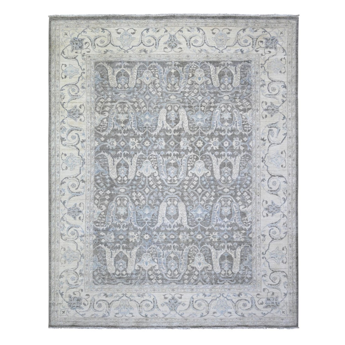 8'1"X9'8" Carbon Gray Stone Washed Peshawar Wool Hand Knotted Rug: Type: Indoor Material: Wool Color: Grey Item Length: 116 Item Width: 97 Style: Afghan Rug Type: Hand Knotted Pile: Wool Shape: Rectangular Field Color: Grey Size: 8"1" x 9"8" / 246 CM X 295 CM Age: 20