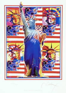 Peter Max, God Bless America, Hand Signed, Official Lithograph: Lithograph in colors on archival paper. Paper size: 12.5 x 9 inches. Inscription: Hand signed by Peter Max and numbered, as issued. Notes: Published and printed by Via Max, Inc., New York, 2002, from