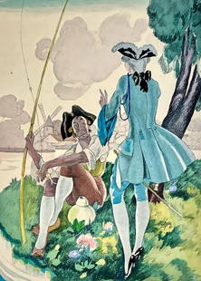 Umberto Brunelleschi, Composition, La Leon D'Amour Dans Un Parc, Lithograph: Lithograph and stencil on vlin dArches paper. Paper size: 13.11 x 10.039 inches. Excellent condition. Unsigned and unnumbered, as issued. Notes: From the volume, La Leon d'amour dans un parc, 1933. Pu