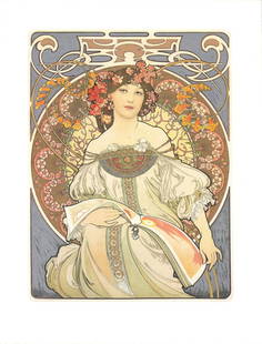 Alphonse Mucha Reverie " Mixed Media Art Nouveau: Artist: Alphonse Mucha Title: Reverie Year: 2010 Signed: No Medium: Mixed Media Paper Size: 27 x 20.75 inches ( 69 x 53 cm ) Image Size: 21.25 x 16 inches ( 54 x 41 cm ) Edition Size: 100 Framed: No C
