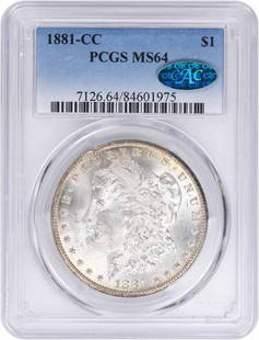 1881-Cc Morgan Silver Dollar Ms64 Pcgs (Cac): Certification: PCGS Circulated/Uncirculated: Uncirculated Year: 1881 Composition: 90% Silver 10% Copper Mint Location: Carson City Km Number: 110 Denomination: $1 Grade: MS64 Coin: Morgan Designer: Ge