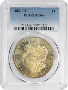 1882-Cc Morgan Silver Dollar Ms64 Pcgs Toned: Certification: PCGS Circulated/Uncirculated: Uncirculated Year: 1882 Composition: 90% Silver 10% Copper Mint Location: Carson City Km Number: 110 Denomination: $1 Grade: MS64 Coin: Morgan Designer: 1