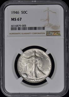 1946 Walking Liberty Half Dollar 50C Ngc Ms67: Certification: NGC Certification Number: 6616879005 Grade: MS67 Year: 1946 Circulated/Uncirculated: Uncirculated Mint Location: Philadelphia Designation: NONE Denomination Type: Walking Liberty Half D