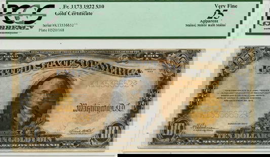 1922 $10 Gold Certificate Fr# 1173 Pmg Vf25: Certification: PCGS Currency Certification Number: 80580013 Grade: VF25 Circulated/Uncirculated: Circulated Denomination: 1173 Year: 1922 Product Disclaimer: Grades are third-party opinions; authentic