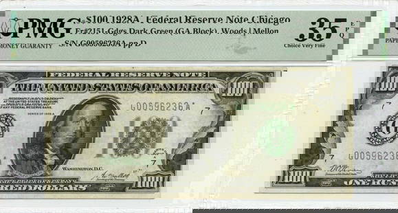 1928A $100 Federal Reserve Note Chicago Fr# 2151-Gdgs Pmg Ch Vf35 Epq: Certification: PMG Certification Number: 2023444047 Grade: VF35 Circulated/Uncirculated: Circulated Denomination: Federal Reserve Note Type: 2151-Gdgs Year: 1928 Product Disclaimer: Grades are third-p
