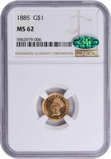 1885 $1 Gold Type 3 Ms62 Ngc (Cac): Certification: NGC Circulated/Uncirculated: Uncirculated Year: 1885 Mint Location: Philadelphia Km Number: 86 Denomination: $1 Fineness: 0.9 Grade: MS62 Composition: 90% Gold 10% Copper Designer: Jame