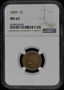 1859 Copper-Nickel Indian Cent 1C Ngc Ms63: Certification: NGC Certification Number: 8299028005 Grade: MS63 Year: 1859 Circulated/Uncirculated: Uncirculated Mint Location: Philadelphia Designation: NONE Denomination Type: Indian Cent Grade Add