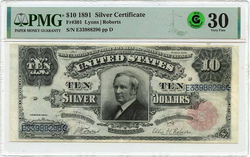 1891 $10 Silver Certificate Tombstone Fr# 301 Pmg Vf30 Gcc Green: Circulated/Uncirculated: Circulated Denomination: Silver Certificate Year: NONE Grade: VF30 Certification: PMG Certification Number: 2296232014 Product Disclaimer: Grades are third-party opinions; aut