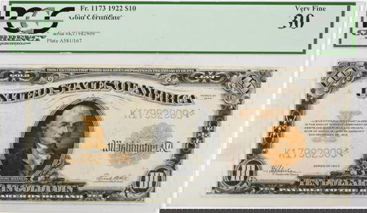 1922 $10 Large Gold Certificate Fr1173 Vf30 Pcgs: Circulated/Uncirculated: Circulated Denomination: Ten Dollar Year: 1922 Grade: VF Certification: PCGS Product Disclaimer: Grades are third-party opinions; authenticity is guaranteed. Photos are part o