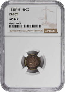 1848/48 Liberty Seated Silver Half Dime Medium Date Fs-302 Ms63 Ngc: Certification: NGC Circulated/Uncirculated: Circulated Year: 1848 Mint Location: Philadelphia Km Number: 62.2 Denomination: Half Dime Grade: MS63 Composition: 90% Silver 10% Copper Coin: Seated Design
