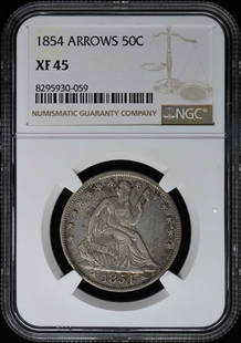 1854 Arrows Seated Liberty Half Dollar 50C Ngc Xf45: Certification: NGC Certification Number: 8295930059 Grade: XF45 Year: 1854 Circulated/Uncirculated: Circulated Mint Location: Philadelphia Denomination Type: Liberty Seated Half Dollar Grade Add On: N