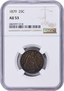 1879 Liberty Seated Silver Quarter Au53 Ngc: Certification: NGC Circulated/Uncirculated: Circulated Year: 1879 Mint Location: Philadelphia Km Number: A98 Denomination: 25C Grade: AU Composition: 90% Silver 10% Copper Coin: Seated Liberty Designe