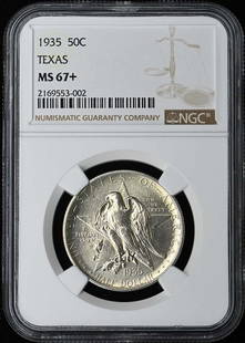 Texas 1935 Silver Commemorative 50C Ngc Ms67+: Certification: NGC Certification Number: 2169553002 Grade: MS67+ Year: NONE Denomination: Texas 50c Circulated/Uncirculated: Uncirculated Mint Location: Philadelphia Designation: NONE Grade Add On: NO