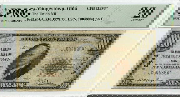1929 Ty$10 Union Nat'L Bank Youngstownoh Ch#13586 Pmg Vf30: Denomination: 1801-1 Year: 1929 Grade: VF30 Certification: PMG Circulated/Uncirculated: Circulated Certification Number: 2023441045 Product Disclaimer: Grades are third-party opinions; authenticity is