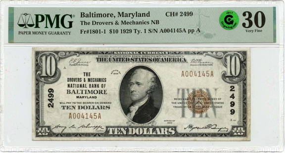 1929 Ty. 1 $10 Baltimore Md Drovers National Ch#2499 Pmg Vf30 Gcc Green: Denomination: 1801-1 Year: 1929 Grade: VF30 Certification: PMG Circulated/Uncirculated: Circulated Certification Number: 2196655060 Product Disclaimer: Grades are third-party opinions; authenticity is