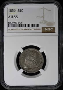1856 No Motto Seated Liberty Quarter 25C Ngc Au55: Certification: NGC Certification Number: 8295930052 Grade: AU55 Year: 1856 Circulated/Uncirculated: Circulated Mint Location: Philadelphia Designation: NONE Denomination Type: Liberty Seated Quarter G