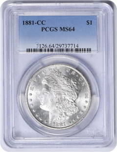 1881-Cc Morgan Silver Dollar Ms64 Pcgs: Certification: PCGS Circulated/Uncirculated: Uncirculated Year: 1881 Composition: 90% Silver 10% Copper Mint Location: Carson City Km Number: 110 Denomination: $1 Grade: MS64 Coin: Morgan Designer: Ge
